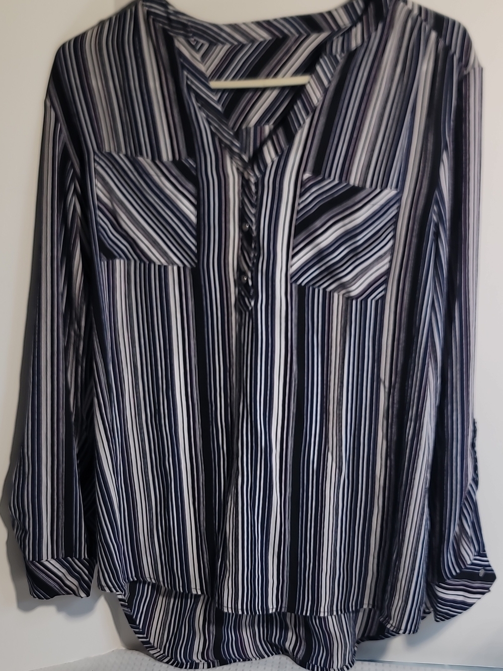 Striped Navy and White Button-Front Women’s Blouse